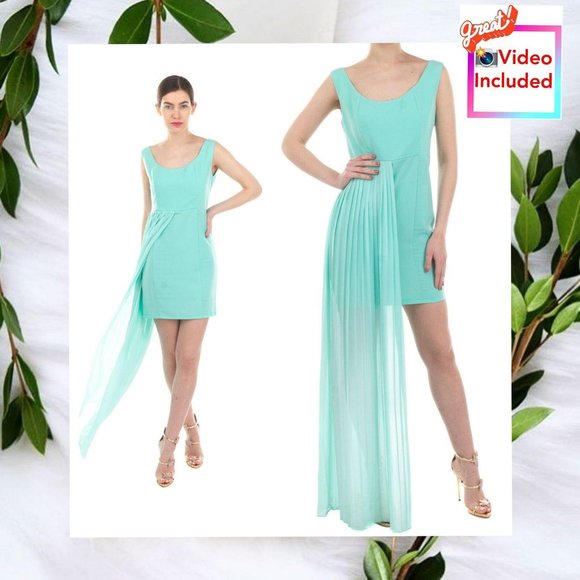 NEW KOR@KOR Italy Green Sheath Mini Dress MEDIUM Pleated Overlay Side Sleeveless - Picture 1 of 13